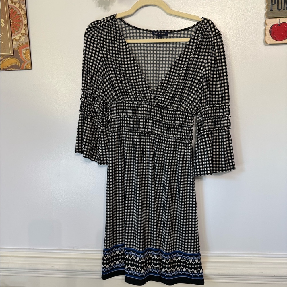 ❤️ NWOT Max Edition Black White Blue Bell Cuff V Neck Babydoll Dress M - Picture 1 of 6